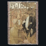 Vintage Jugendstil-Flirt-Kekse, Alphonse Mucha Decke<br><div class="desc">Vintage Illustration französisches Jugendstil-Werbeplakat-Design für Flirt Biscuits von Alphons Mucha. c. 1899. Dieses Liebe- und Romantik-Werbedesign besticht durch ein frisch vermähltes Brautpaar,  das flirtet. Die Frau ist in einem eleganten Viktorianischen Hochzeitskleid und der Mann ist in einem extravaganten Tüxedo. Heiraten nach einer langen Verlobung.</div>