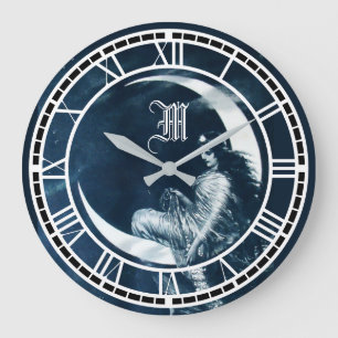 Vintage Jugendstil-Frau auf dem Crescent Moon Große Wanduhr