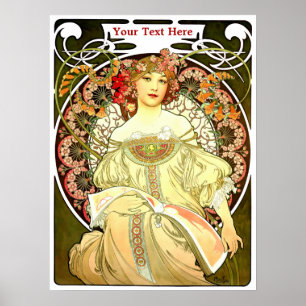 Vintage Jugendstil-Frau & Buch von Alphonse Mucha Poster