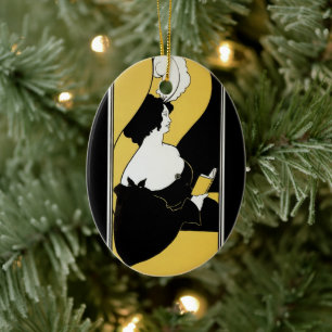 Vintage Jugendstil-Frau, die ein gelbes Buch liest Keramikornament