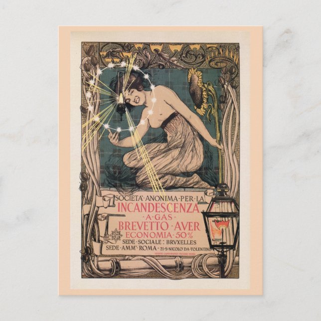 Vintage Jugendstil-Gasbeleuchtung Italiens und Postkarte (Vorderseite)