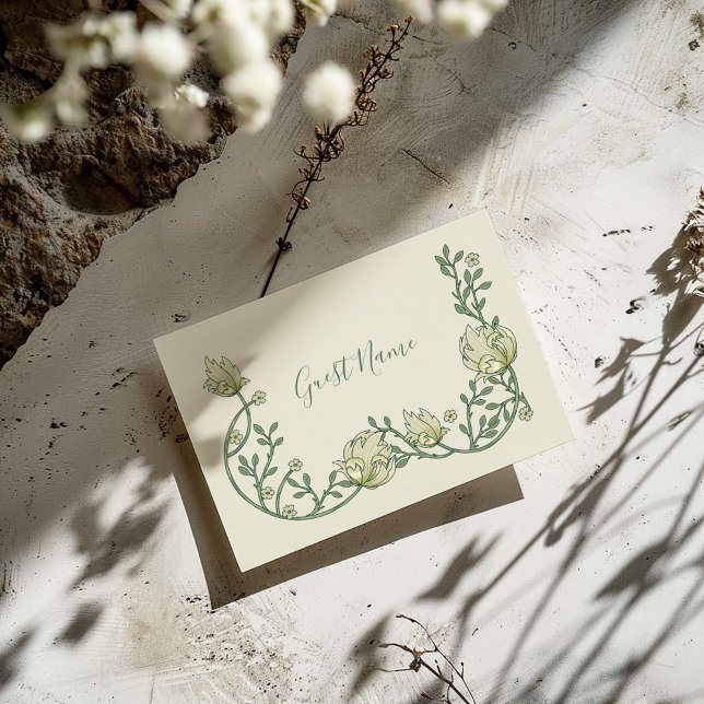 Vintage Jugendstil-Gastname Platzkarte (Art nouveau cream "guest name" place card with pretty white flowers and green leaves)