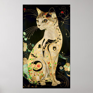 Vintage Jugendstil-Goldene Katze auf Schwarz Poster