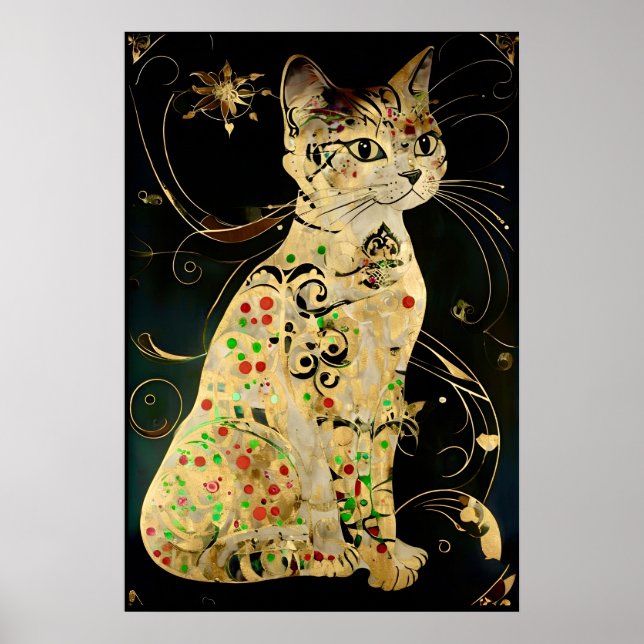 Vintage Jugendstil-Goldene Katze auf Schwarz Poster (Vorne)