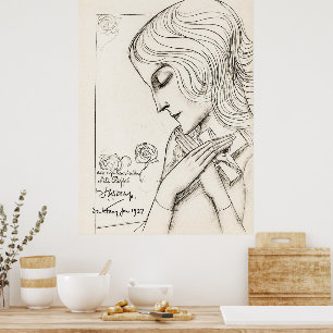 Vintage Jugendstil-Hübsche Jungfrau Zeichnend Poster