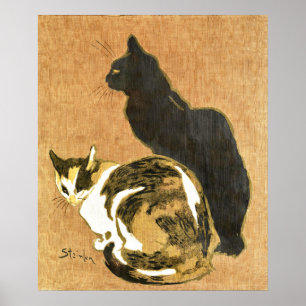 Vintage Jugendstil-Katzen-Paar, Schwarz und Calico Poster