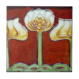 Vintage Jugendstil-Lotus-Blume auf der Red Frieze Fliese