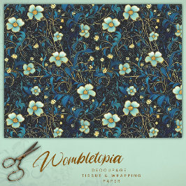 Vintage Jugendstil-Navy und Aquamarine Blumendekou Seidenpapier