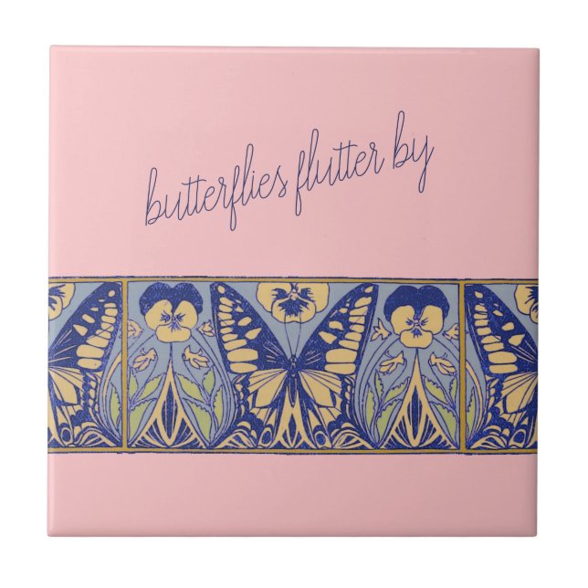 Vintage Jugendstil-Schmetterlinge und Stiefmütterc Fliese (Vorderseite)