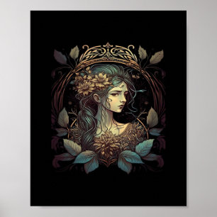 Vintage Jugendstilfrau in Aquamarin und W Poster