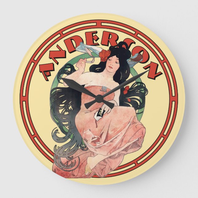 Vintage Jugendstilwerbung von Mucha Große Wanduhr (Vorderseite)