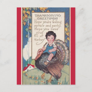 Vintage Junge auf einem Truthahn Thanksgiving Postkarte