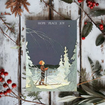 Vintage Junge auf Skiern bewundert den Weihnachtss