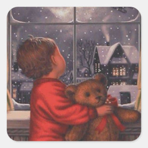 Vintage Junge beobachtet, wie der Weihnachtsmann v Quadratischer Aufkleber
