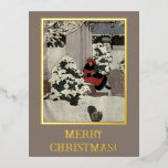 Vintage junge Frau Red Black Christmas Tree Doors Folien Feiertagspostkarte<br><div class="desc">Dieses Vintage Themed Retro Weihnachtsbaum Winterschwarz Titel,  Graffithintergrund und White Snow Holiday Real Foil Holiday Postcard mit Dame in rotem Kleid draußen mit Weihnachtsgrüße wird perfekt für Ihren Urlaub Gruß. Sie können auch andere Designs in diesem Stile in meinem Laden finden.</div>