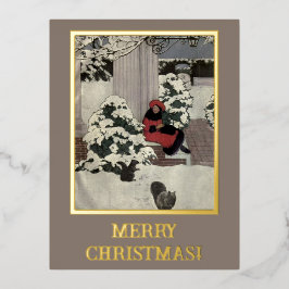 Vintage junge Frau Red Black Christmas Tree Doors Folien Feiertagspostkarte