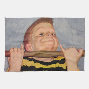 Vintage Junge macht Klimmzüge, Fitness und Bewegun Geschirrtuch