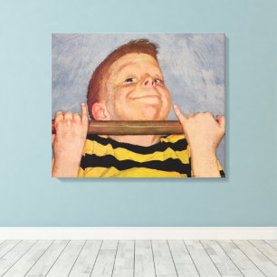 Vintage-Junge macht Klimmzüge, Fitness und Bewegun Leinwanddruck