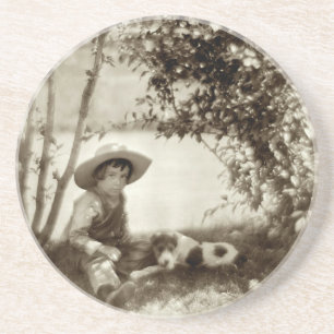 Vintage Junge mit Hund in Ruhe Sandstein Untersetz Untersetzer