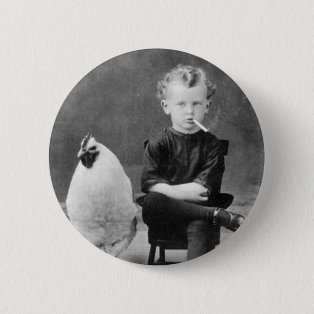 Vintage - Junge raucht mit Huhn Button (Vorderseite)
