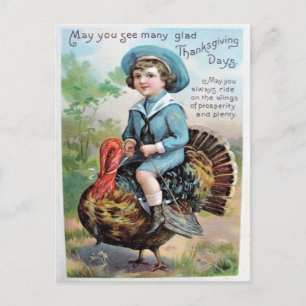 Vintage Junge reitet auf Truthahn Thanksgiving-Gru Postkarte