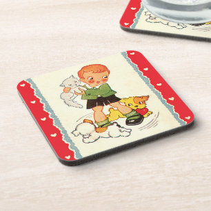 Vintage-Junge rettet ein Kätzchen vor rennenden We Getränkeuntersetzer