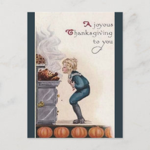 Vintage Junge schnuppert an Truthahn Thanksgiving Postkarte