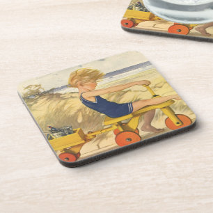 Vintage Junge spielt am Strand mit Sandspielzeug Getränkeuntersetzer