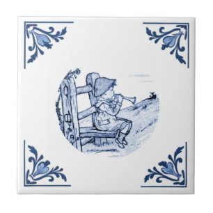 Vintage Junge spielt Musik Trompete Delft Blau & W Fliese