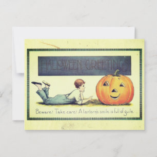 Vintage Junge spricht mit Jack-o-Lantern Halloween Postkarte