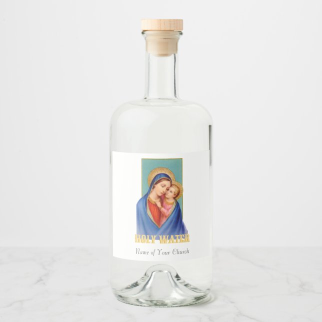 Vintage Jungfrau Mary und Jesus Heiliges Wasser Alkoholflaschenetikett (Vorderseite)