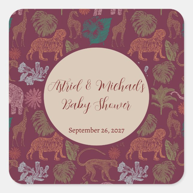 Vintage Jungle Safari Pink Babydusche Quadratischer Aufkleber (Vorderseite)