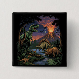 Vintage Jurassic Dinosaur Rex and Triceratops Button