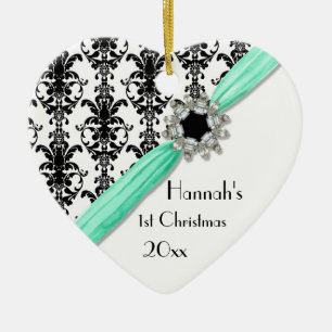 Vintage Juwel-Schnallen-Schwarz-weißes Damast-Ban Keramik Ornament