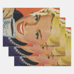 Vintage-Kaffee, glückliche Frau mit retro-Kaffeeta Geschenkpapier Set