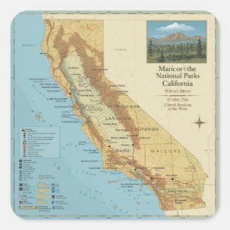 Vintage-Kalifornien-Nationalparks-Kartenkunst Quadratischer Aufkleber