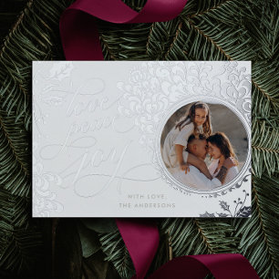 Vintage-Kalligrafie Liebe, Freude, Frieden 1 Foto  Folien Feiertagskarte