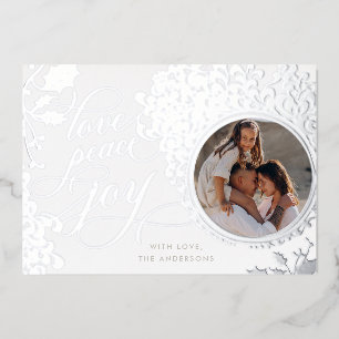 Vintage-Kalligrafie Liebe, Freude, Frieden 1 Foto  Folien Feiertagskarte