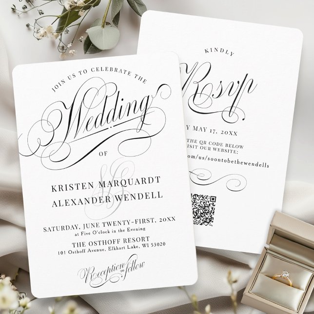 Vintage Kalligrafie Script Black and White Wedding Einladung (Beautiful vintage black and white ornate swirl calligraphy script wedding invitation QR code)
