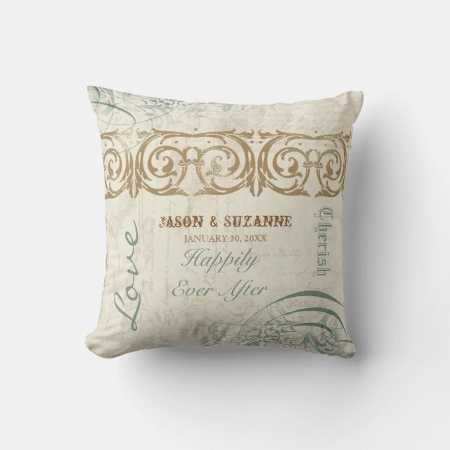 Vintage Kalligraphie Blühte Swirl Etched Collage Kissen (Vorderseite)