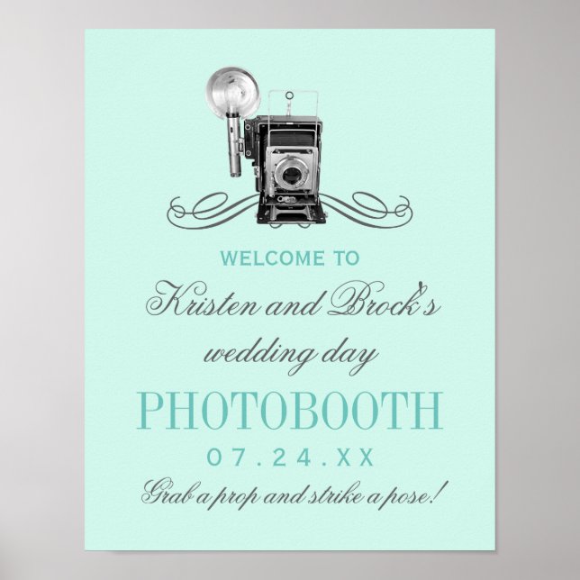 Vintage-Kamera-Aquamarin-Hochzeits-Photobooth-Schi Poster (Vorne)