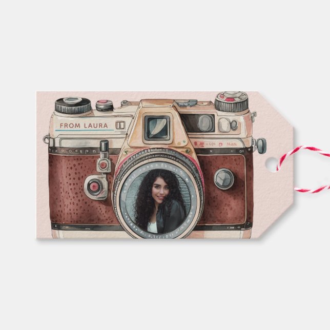 Vintage Kamera mit Foto Geschenkanhänger (Vorderseite (Horizontal))