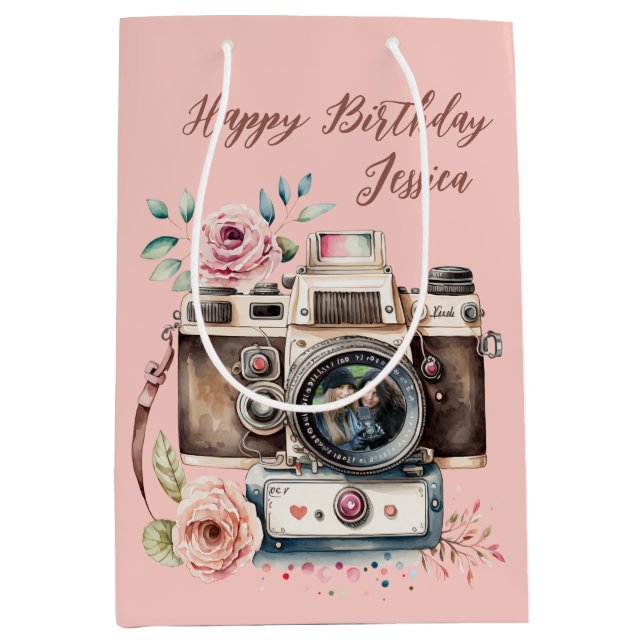 Vintage Kamera mit Foto Mittlere Geschenktüte (Vorderseite)