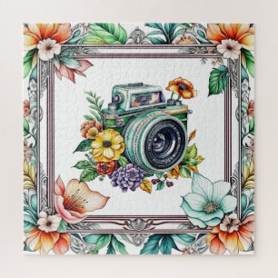 Vintage Kamera mit Hübschen Blume Aquarell Puzzle