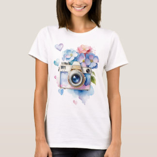 Vintage Kamera mit Hydrangea-Blume T-Shirt