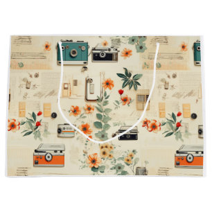 Vintage-Kamera-Radio-Blumenmuster Teal Orange Coll Große Geschenktüte