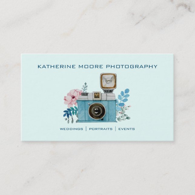 Vintage Kamera und Blume Aquarellbilder Visitenkarte (Vorderseite)
