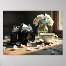 Vintage-Kamera und Kaffeetasse Morgen-Ästhetik Poster