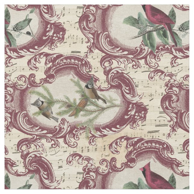 Vintage Kardinal und Noten Stoff (Nahaufnahme)