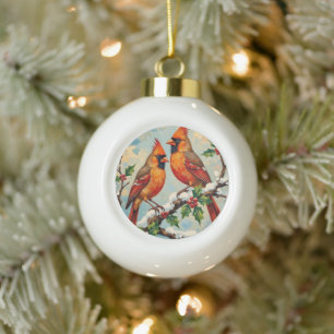 Vintage Kardinalspaar auf schneebedecktem Stechpal Keramik Kugel-Ornament